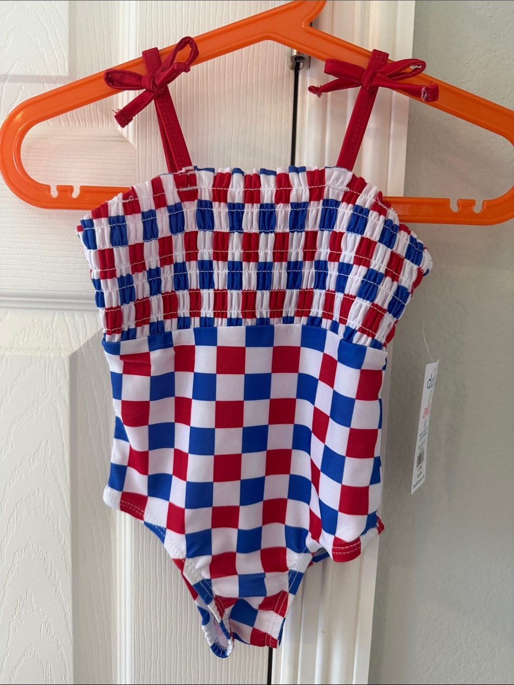 Toddler Girls' Red and Blue Check Smocked One-Piece Swimsuit, NWT Sz. 12-18 mo